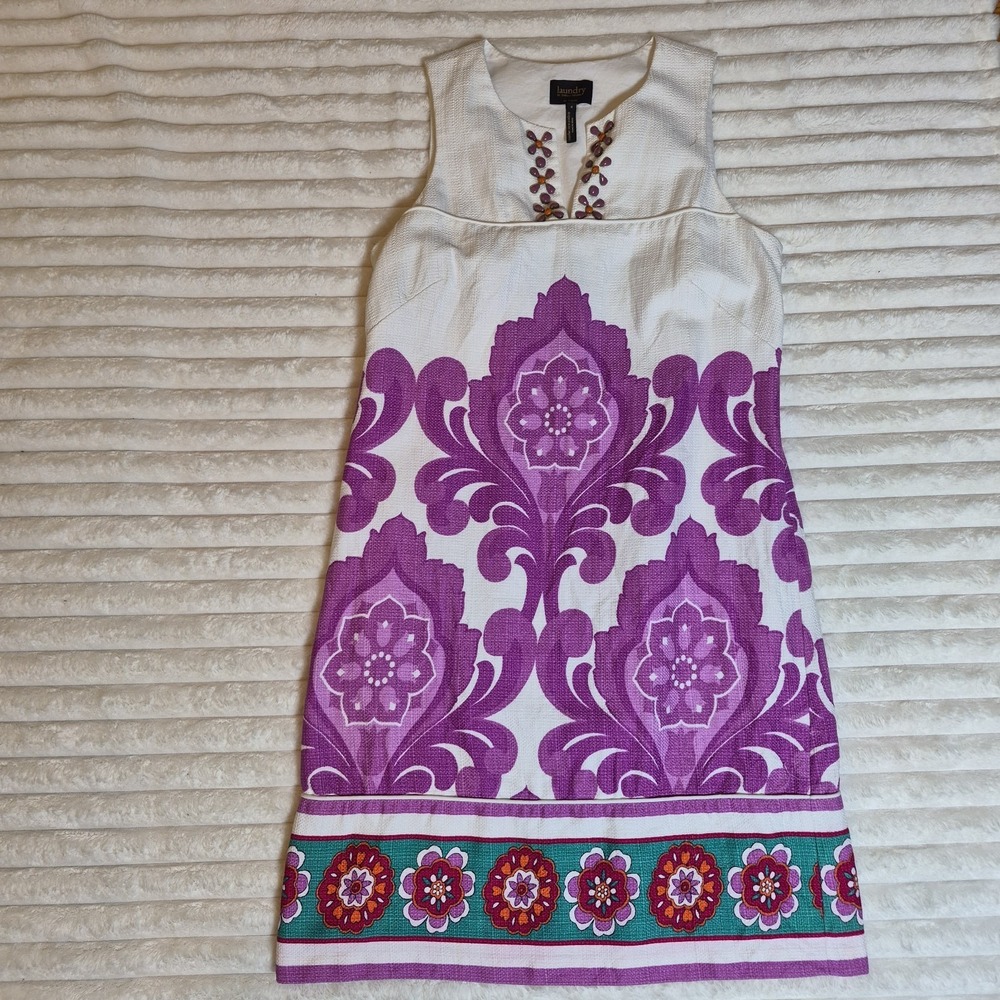 Laundry by Shelli Segal Purple Damask Floral Beaded Cotton Shift Dress Size 8